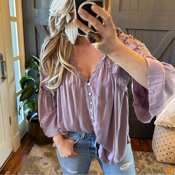 New Boho Lilac Purple Lace Festival Button Front Blouse Top Shirt - Picture 7 of 12